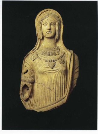 Roman antiquity sculpture: Votive figure of an unknown deity, earthenware, excavated in Rome, Italy, ca. 200 B.C.